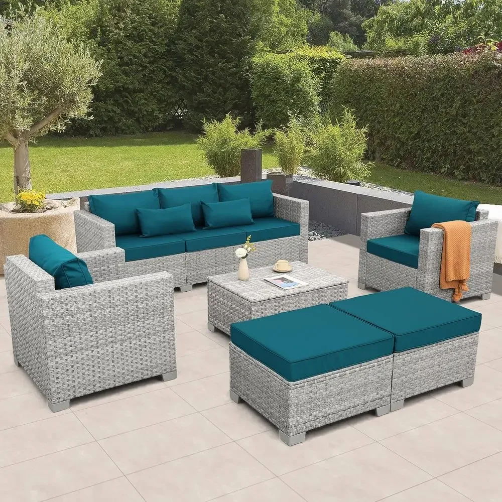 Outdoor Furniture With Storage For Cushions - طقم أثاث خارجي من الخوص الرمادي